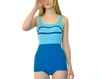 50s Jantzen Terry Cloth Sporty Stripe Blue Colorblock One Piece Swimsuit xxs xs