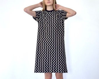 60s Black White Geometric Graphic Zig Zag Print Short Sleeve Boxy Knit Dress xs s m