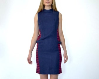 60s Navy Blue Red Gingham Faux Belted Wool Mockneck Mini Scooter Dress xxs xs