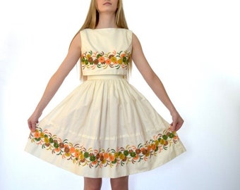 50s Ecru Harvest Floral Embroidery Top and Full Skirt Dress Set xxs xs