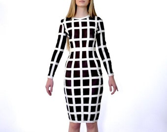 80s Black White Mesh Bandage Windowpane Bodycon Long Sleeve Dress xs s m small