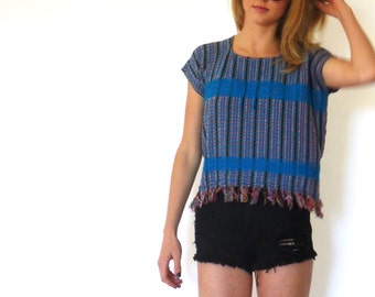 70s Blue Striped Ethnic Fringe Boxy Sweater Tee xs s m