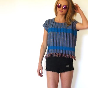 70s Blue Striped Ethnic Fringe Boxy Sweater Tee xs s m