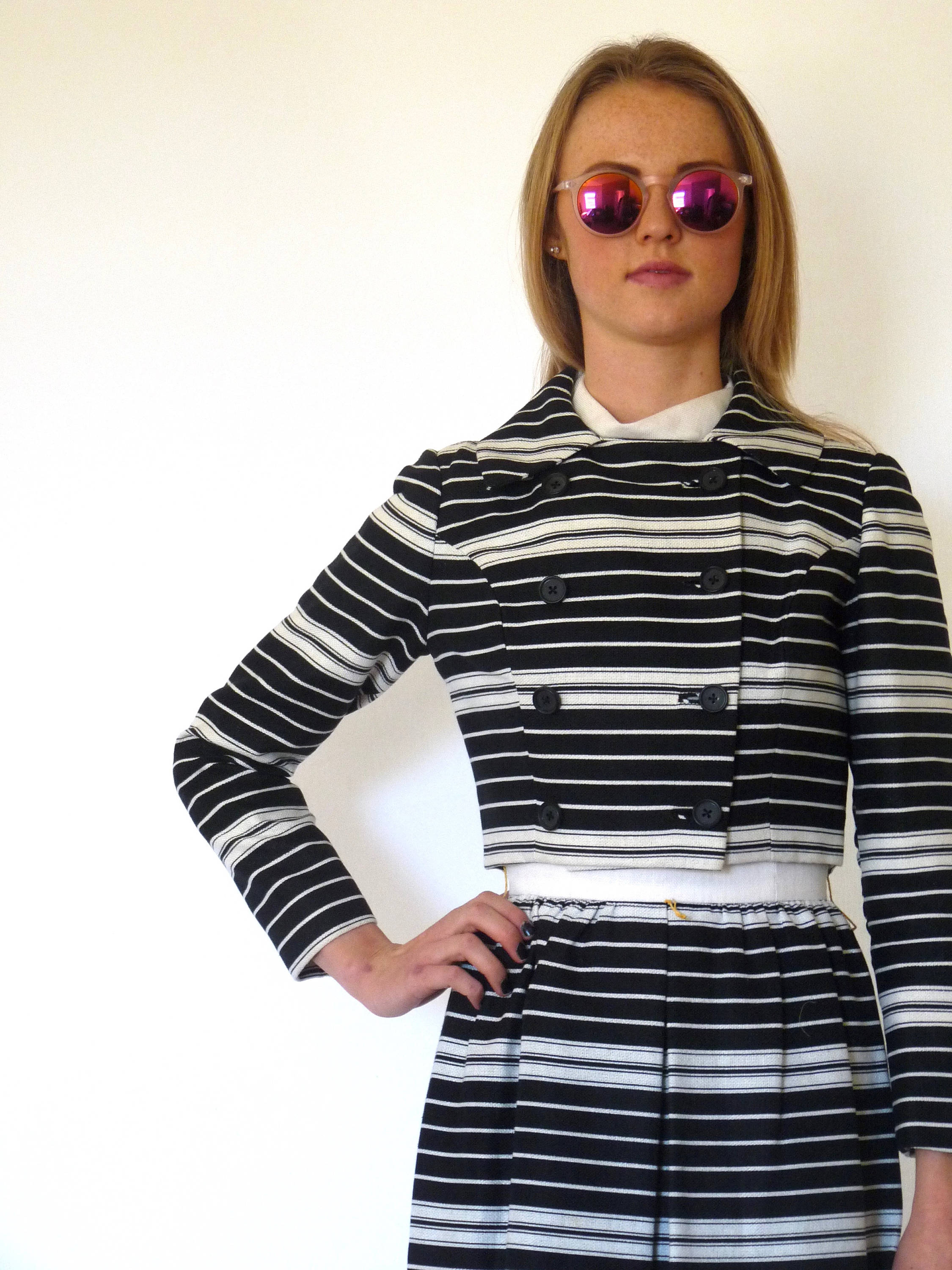 60s Black Cream Mod Stripe Dress Jacket Suit Set Xxs Xs Junior Accent ...