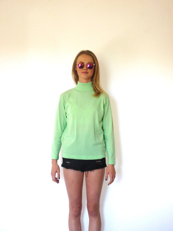 70s Neon Mint Green Polyester Turtleneck Tunic xs… - image 3