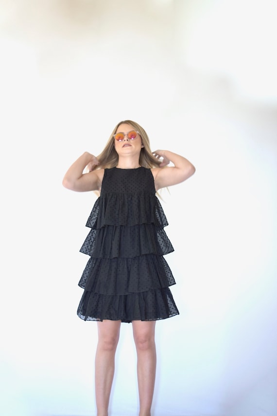 60s Mod Black Flocked Swiss Dot Tiered Ruffle Romp