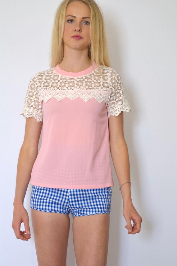 60s Baby Pink Silky Lace Yoke Short Sleeve Blouse… - image 7