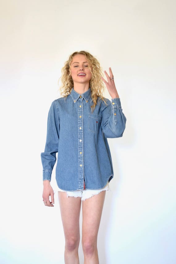 90s Tommy Hilfiger Dark Denim Gold Coin Oversized Button up 90s Tommy Hilfiger Dark Denim Gold Coin Oversized Button up