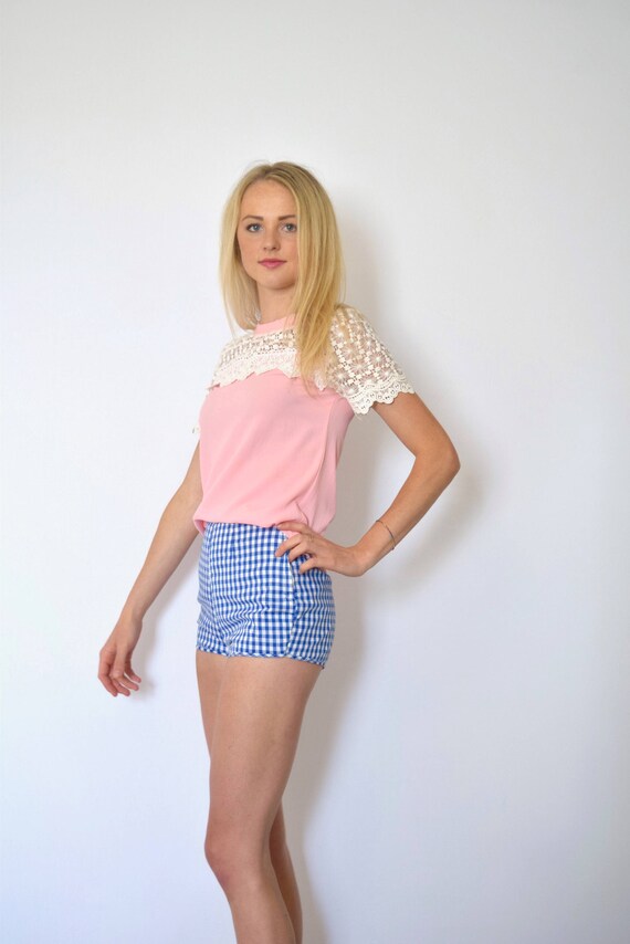 60s Baby Pink Silky Lace Yoke Short Sleeve Blouse… - image 3