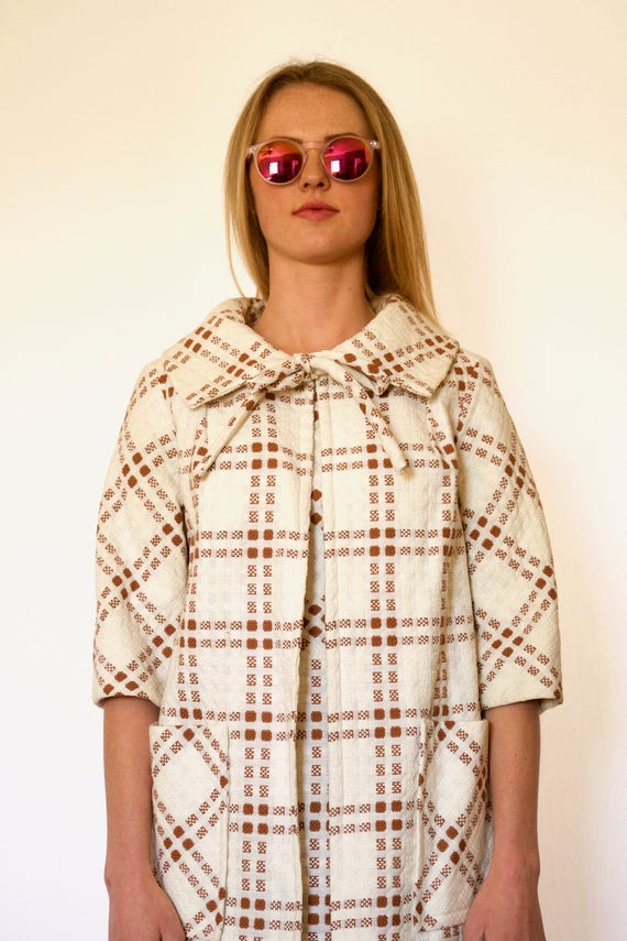 60s Edith Flagg Brown Cream Dotted Plaid Coat Dre… - image 4