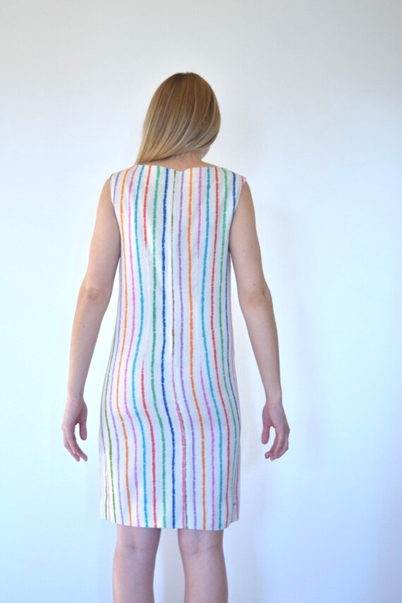 60s Mod Linen Rainbow Stripe Sleeveless Shift Dre… - image 10