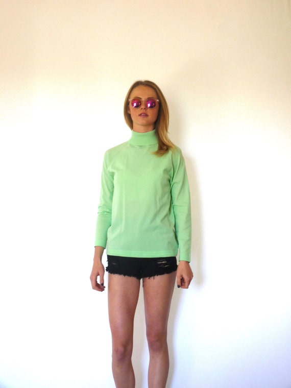 70s Neon Mint Green Polyester Turtleneck Tunic xs… - image 2