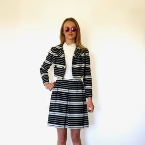 60s Black Cream Mod Stripe Dress Jacket Suit Set xxs xs Junior Accent image 5