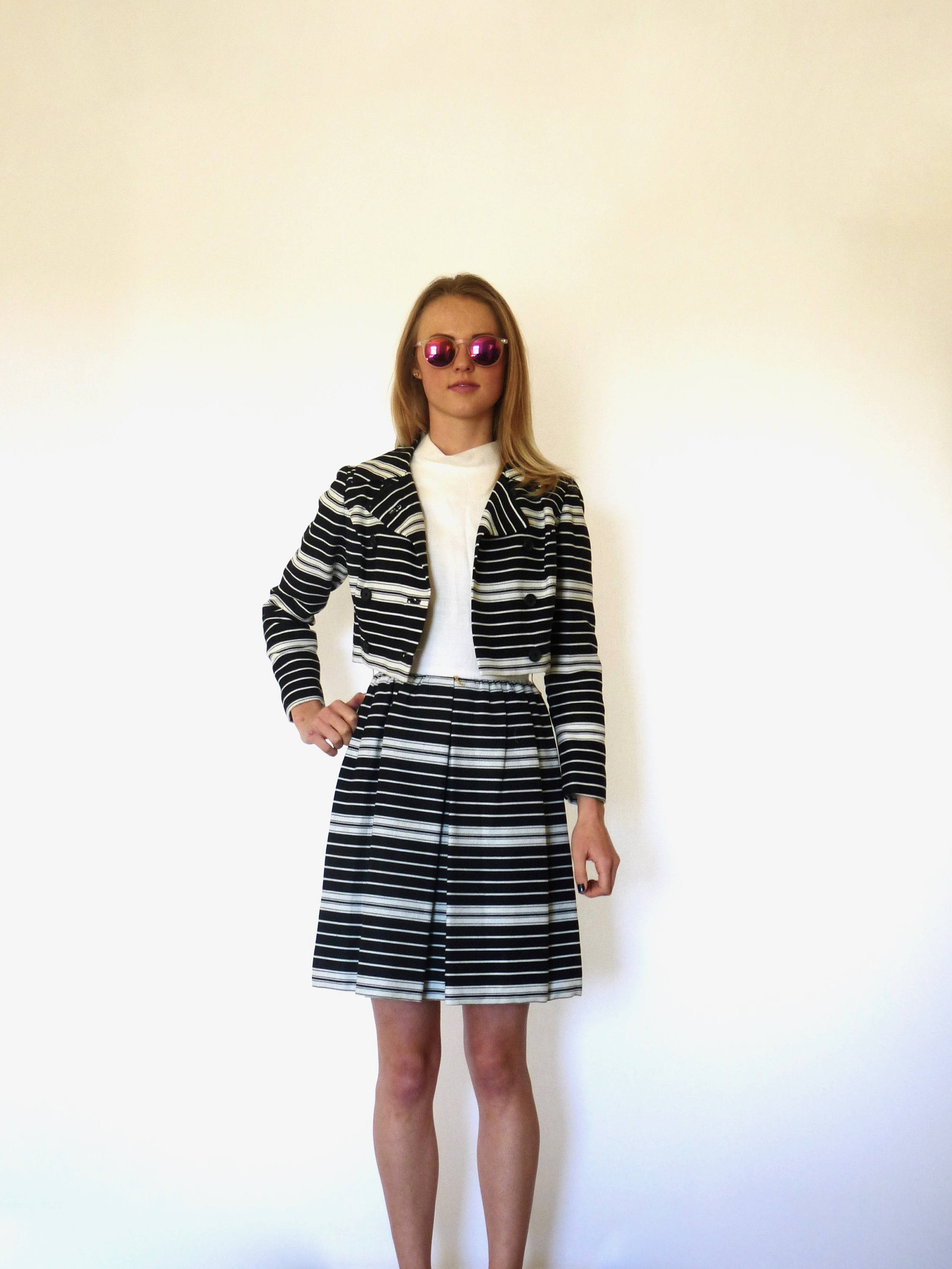 60s Black Cream Mod Stripe Dress Jacket Suit Set Xxs Xs Junior Accent ...
