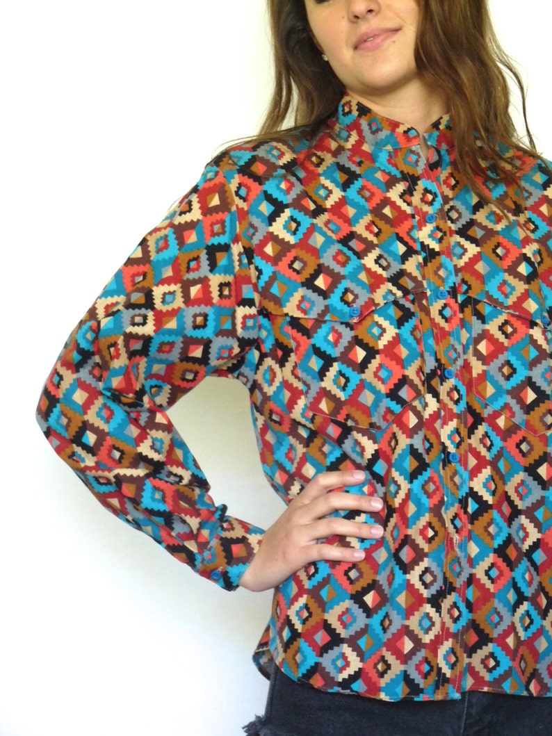 80s Colorful Southwest Print Long Sleeve Camp Shirt xs s image 4