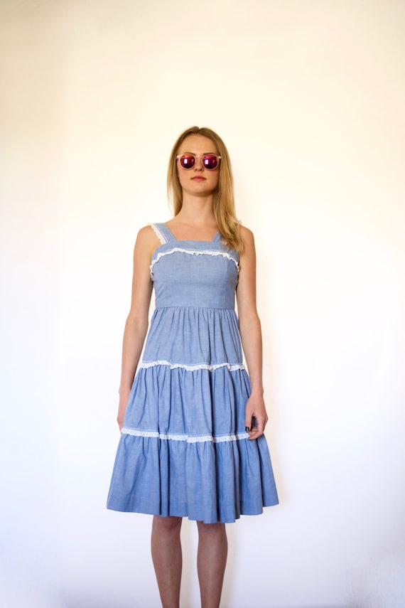 70s Tiered Chambray Prairie Tank Top Sun Dress xxs