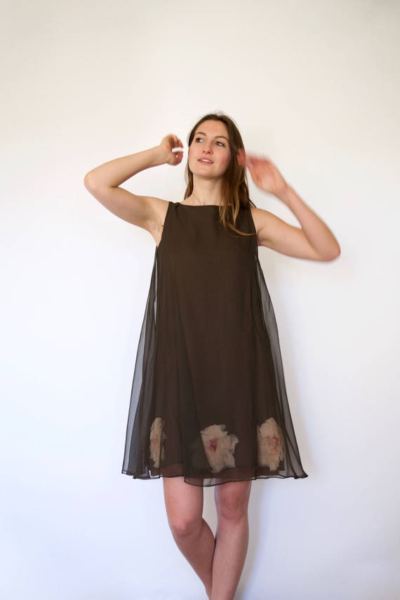 60s Brown Giant 3D Flower Underlay Chiffon Trapez… - image 5