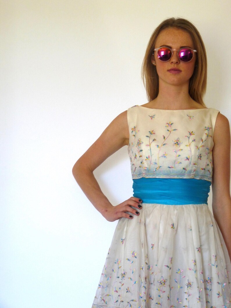 50s Rainbow Floral Embroidery Poofy Cummerbund Dress xxs xs Junior Jr Theme image 6