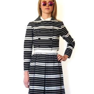 60s Black Cream Mod Stripe Dress Jacket Suit Set xxs xs Junior Accent image 2