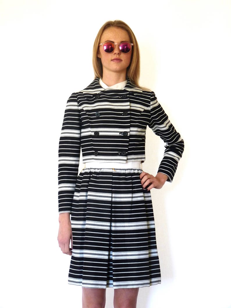 60s Black Cream Mod Stripe Dress Jacket Suit Set xxs xs Junior Accent image 2
