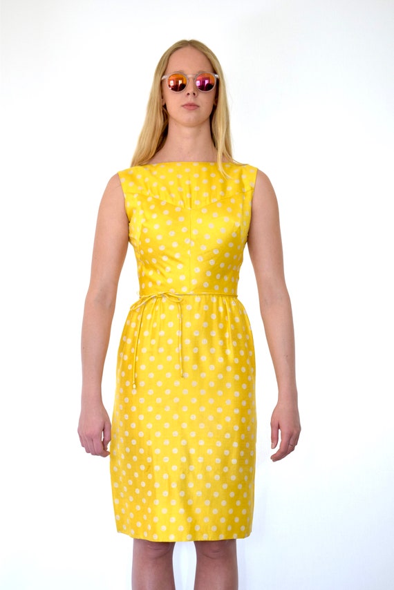 60s Shiny Yellow White Silk Polka Dot Wiggle Dres… - image 6