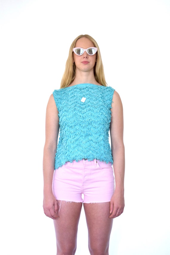 70s Bright Blue Zig Zag Fringe Sleeveless Sweater 