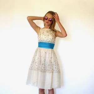 50s Rainbow Floral Embroidery Poofy Cummerbund Dress xxs xs Junior Jr Theme image 5