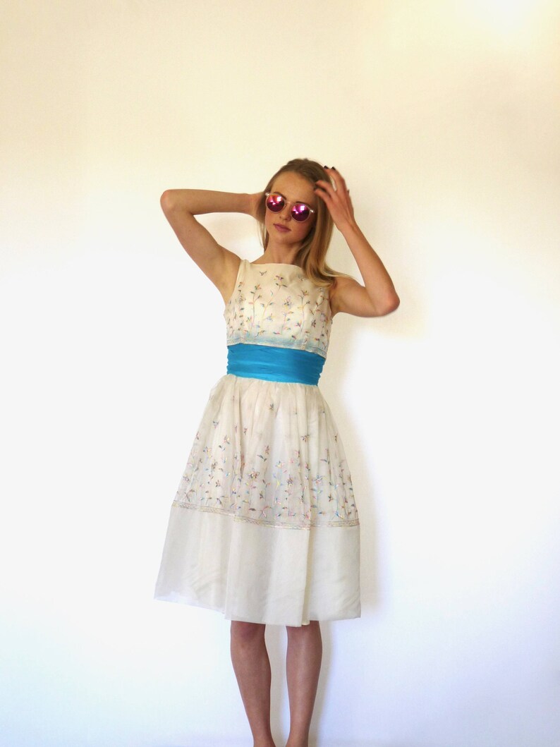 50s Rainbow Floral Embroidery Poofy Cummerbund Dress xxs xs Junior Jr Theme image 5