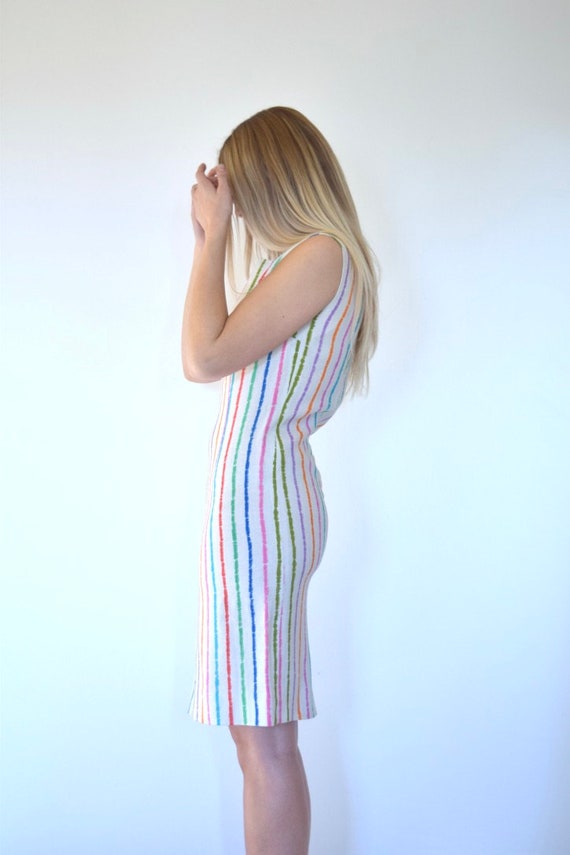60s Mod Linen Rainbow Stripe Sleeveless Shift Dre… - image 9