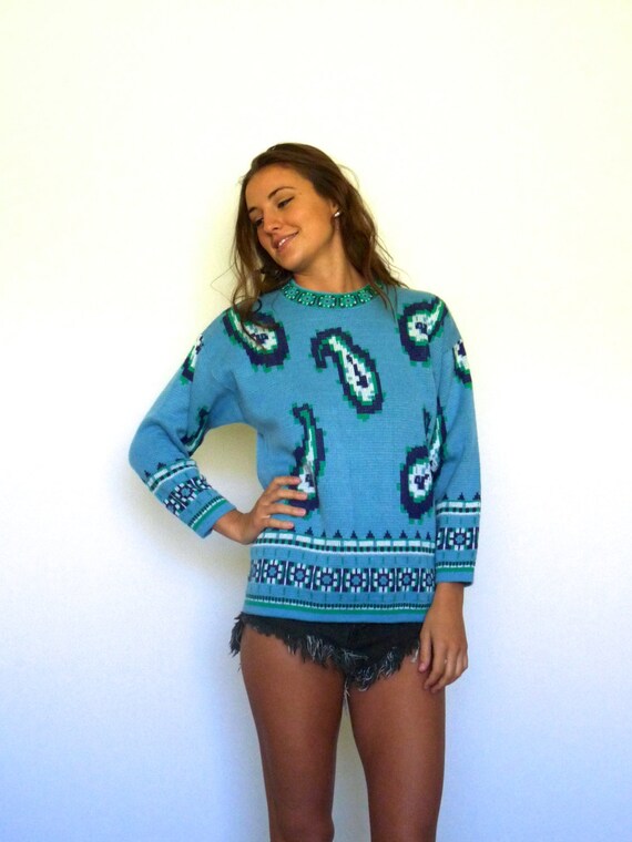 60s Nordic Blue Pixelated Paisley Print Sweater xs