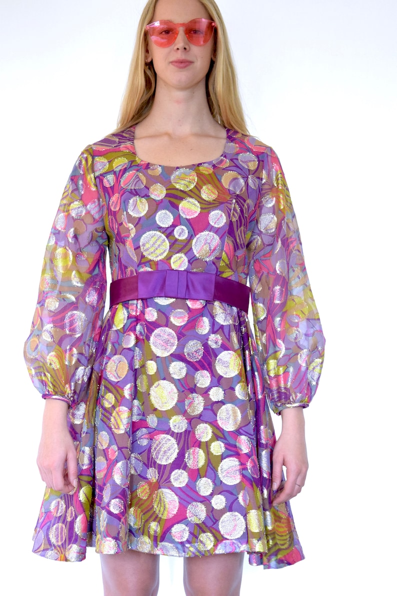60s Mod Glam Psychedelic Geometric Purple Balloon Sleeve Mini Skater Dress m l 40 30