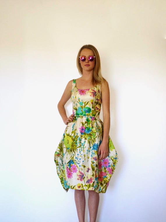 50s Silk Watercolor Floral Bombshell Bubble Dress… - image 4