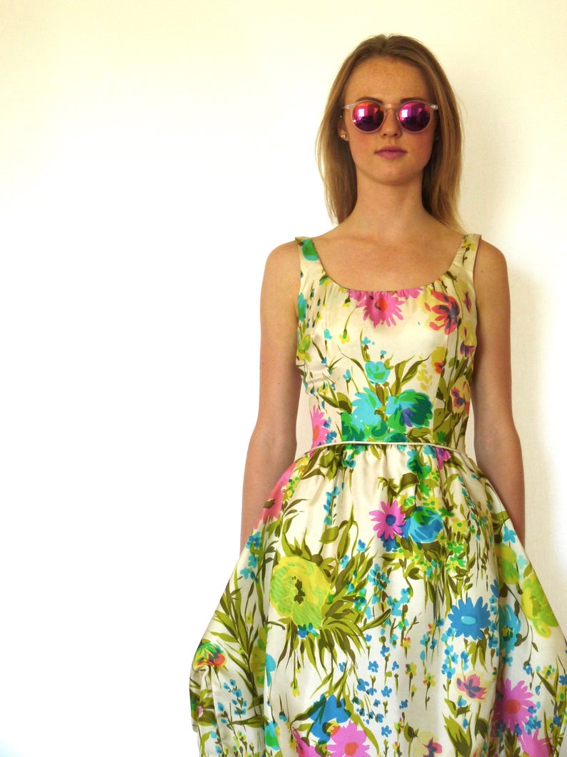 50s Silk Watercolor Floral Bombshell Bubble Dress Xxs Xs 24 25 Etsy