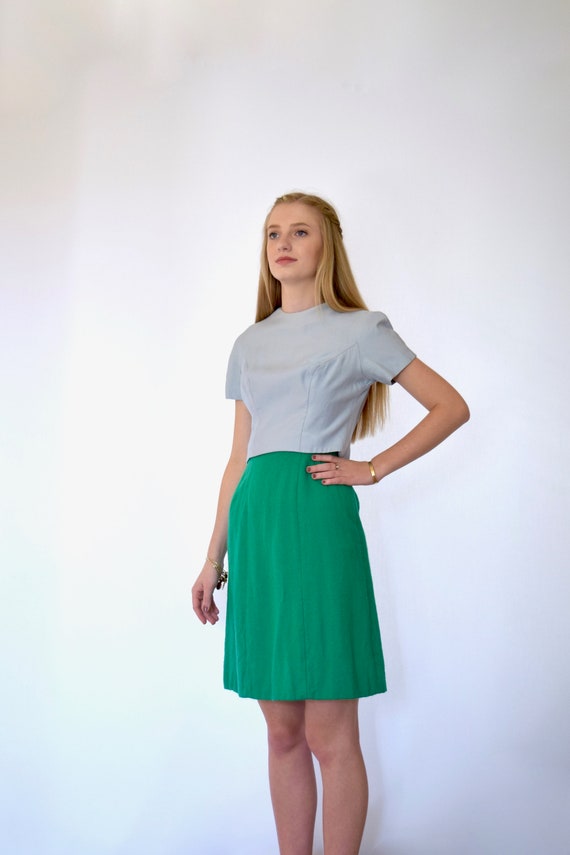 60s Blue Kelly Green Boucle Short Sleeve Sheath D… - image 5