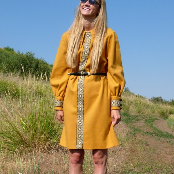 70s Mustard Single Stripe Heavy Ethnic Tent Dress s m l