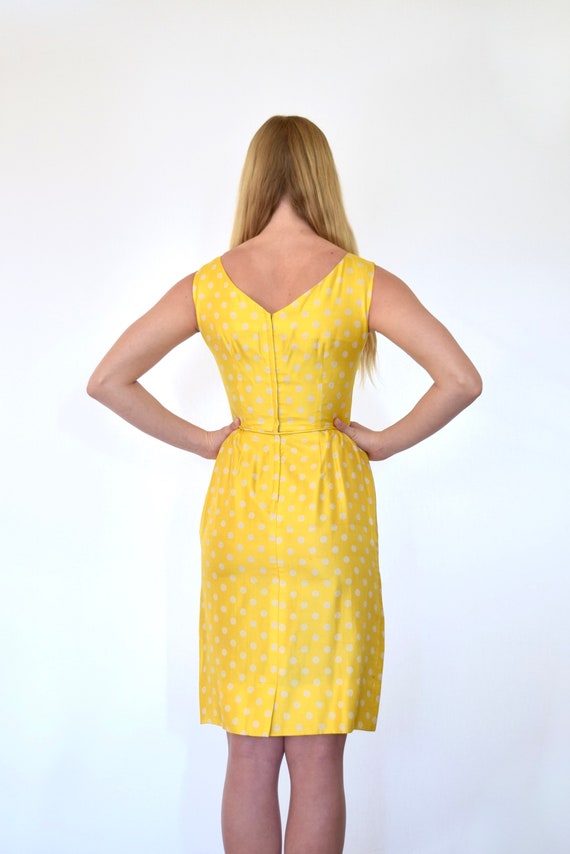 60s Shiny Yellow White Silk Polka Dot Wiggle Dres… - image 9