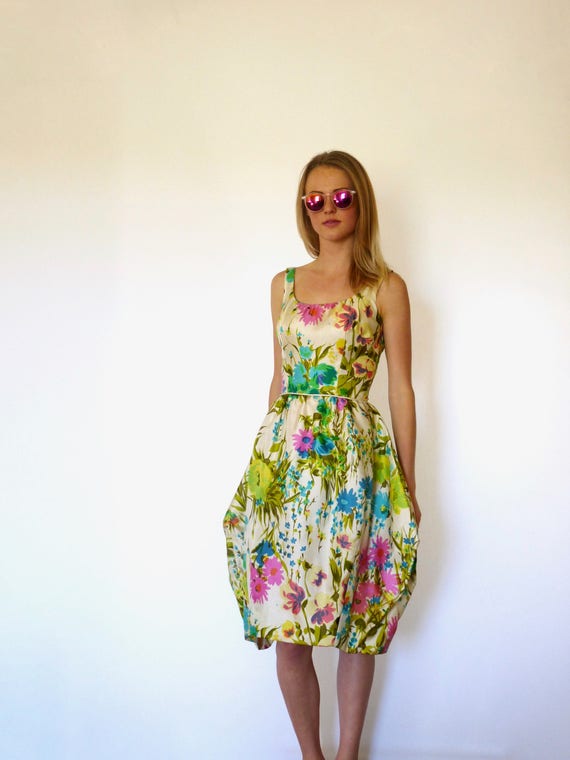50s Silk Watercolor Floral Bombshell Bubble Dress… - image 2