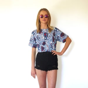 80s Blue Abstract Print Fitted Cropped T-Shirt xxs xs
