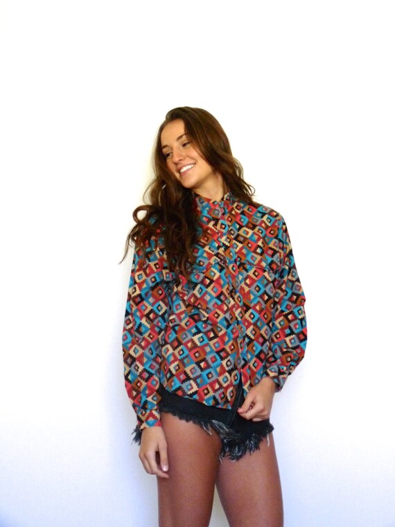 80s Colorful Southwest Print Long Sleeve Camp Shi… - image 3