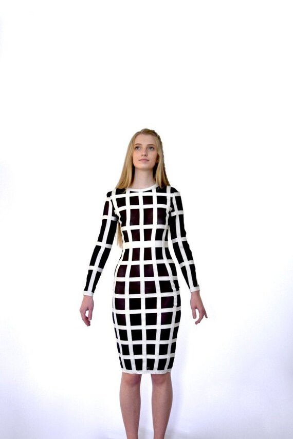 80s Black White Mesh Bandage Windowpane Bodycon Long Sleeve Dress xs s m small