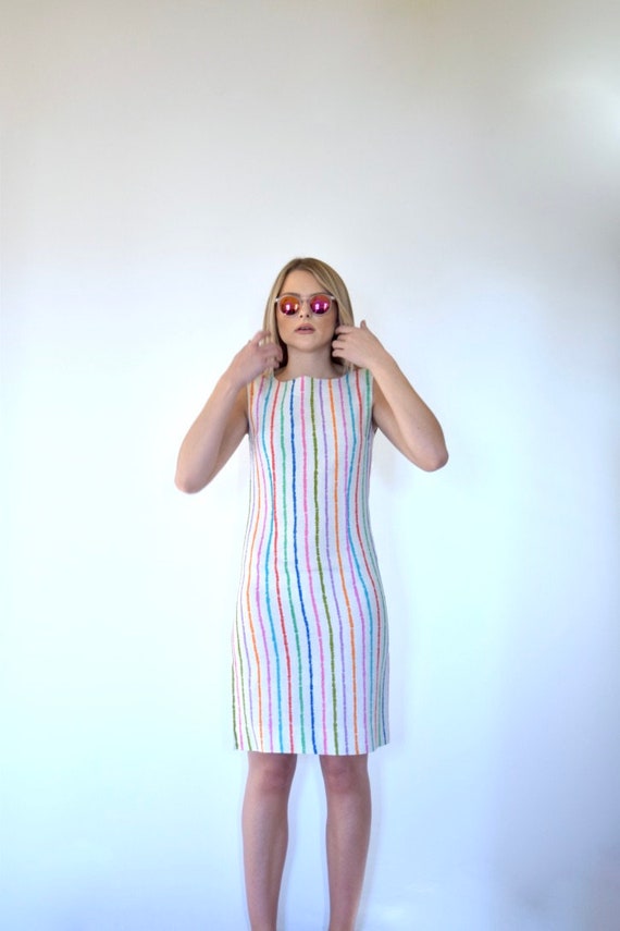 60s Mod Linen Rainbow Stripe Sleeveless Shift Dres