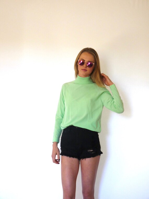 70s Neon Mint Green Polyester Turtleneck Tunic xs… - image 1
