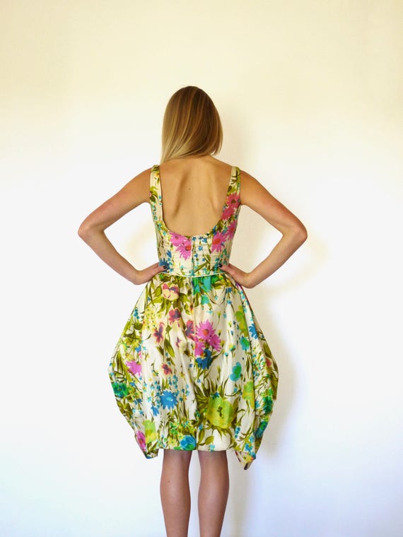 50s Silk Watercolor Floral Bombshell Bubble Dress… - image 9