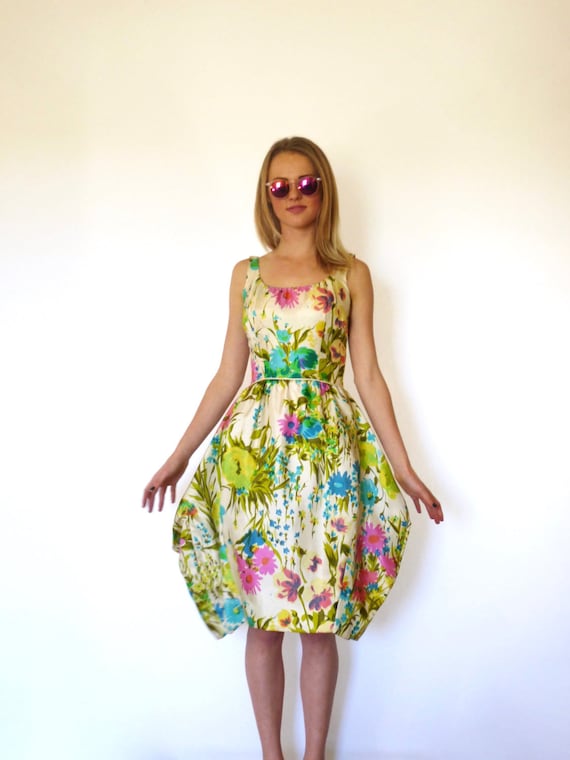 50s Silk Watercolor Floral Bombshell Bubble Dress 