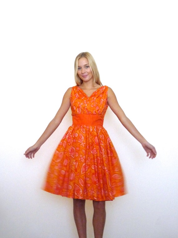 50s Orange Paisley Printed Full Skirt Bombshell Dr