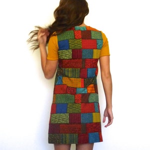 60s Retro Tapestry Patchwork Bricks Babydoll Mini Dress xs s image 5