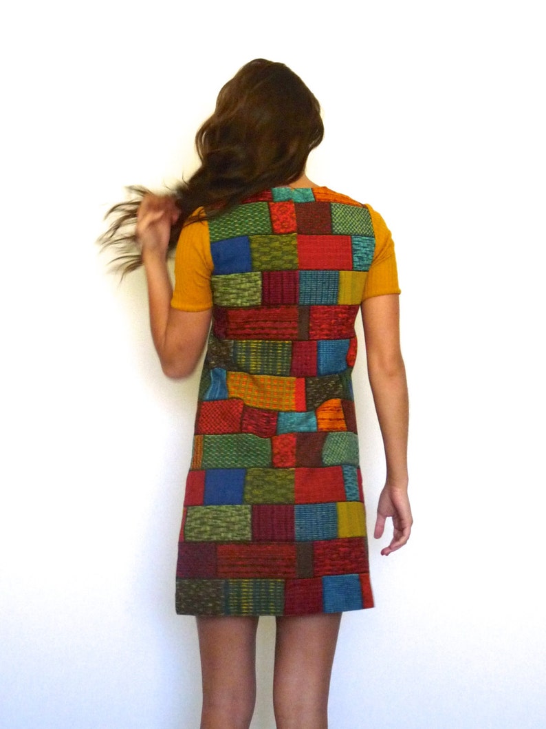 60s Retro Tapestry Patchwork Bricks Babydoll Mini Dress xs s image 5