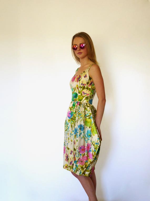 50s Silk Watercolor Floral Bombshell Bubble Dress… - image 8
