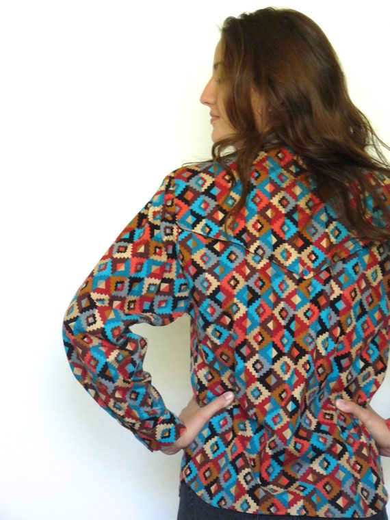 80s Colorful Southwest Print Long Sleeve Camp Shi… - image 5