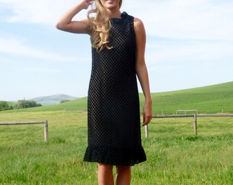 60s Black Flocked Polka Dot Illusion Cocktail Sheath Dress xs